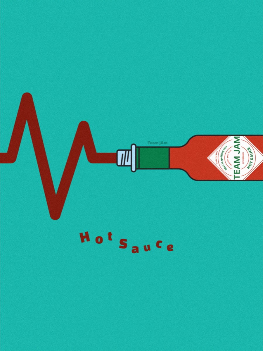 Hot Sauce 포스터 — 틸 배경 위 심전도 선이 핫소스 병으로 이어지는 그림