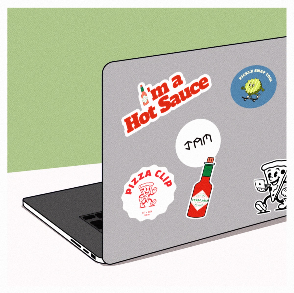 Team JAM 스티커(핫소스·피자클립·피클)를 붙인 맥북