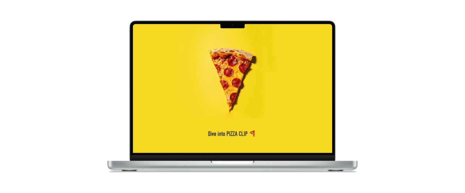 맥북 화면에 ‘Dive into PIZZA CLIP’ 이 떠 있는 목업